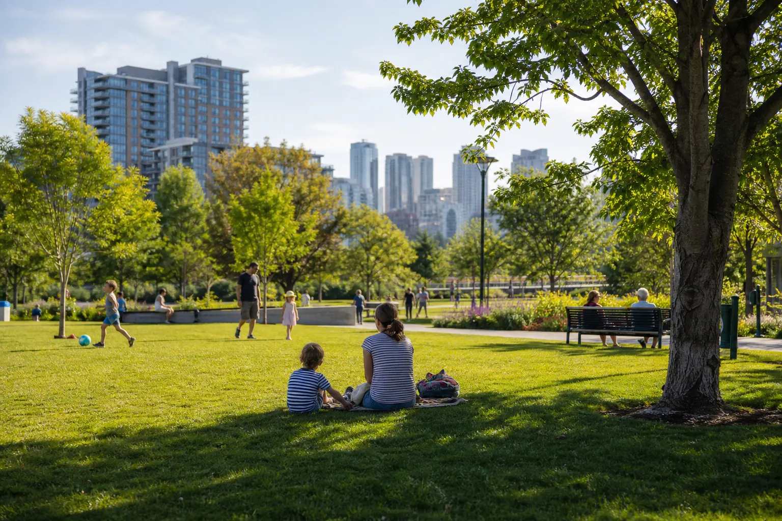 Families relaxing and playing in a green city park with buildings nearby