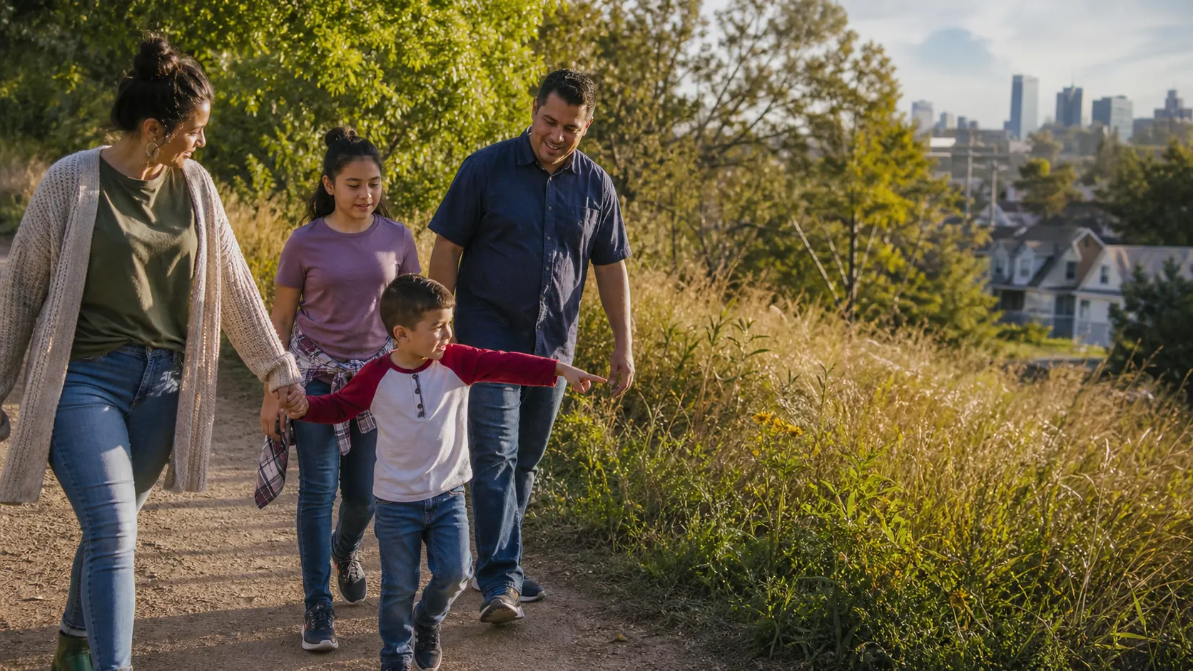 A family walking together on a green trail near a city
