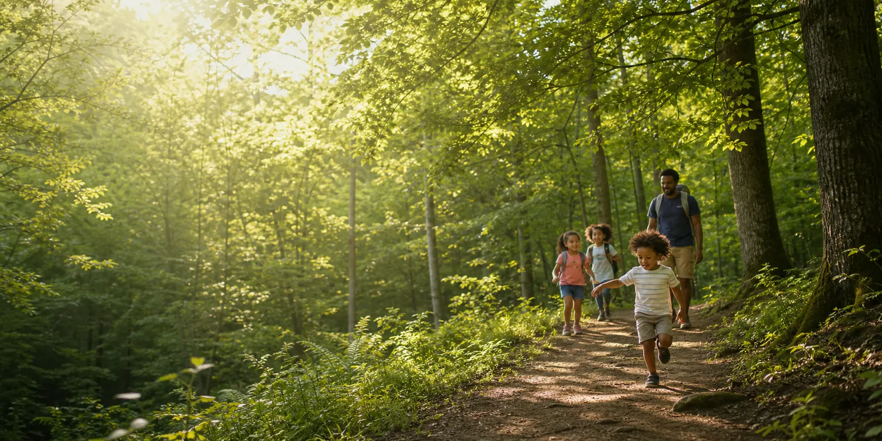 Children and a parent exploring a sunlit forest trail
