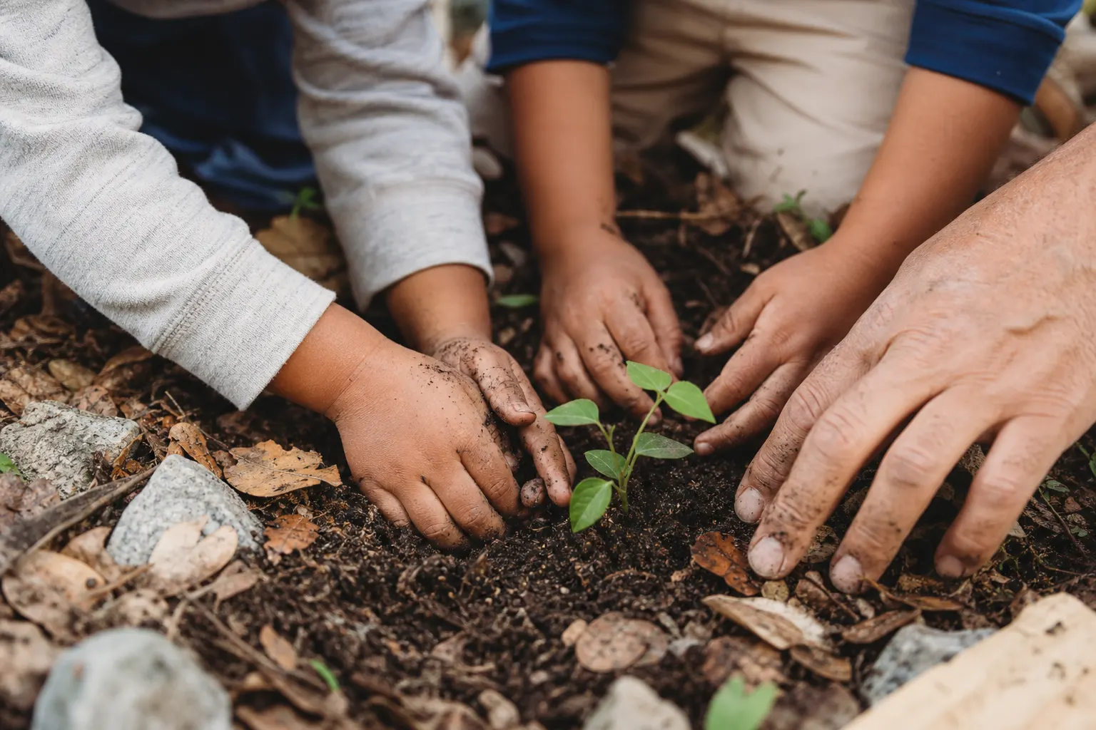 Children and an adult placing hands in soil around a small seedling