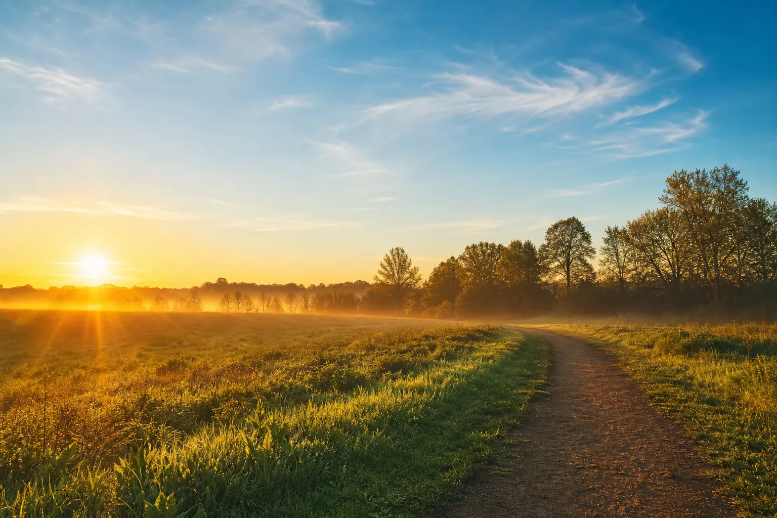 A sunrise over a grassy path and a line of trees