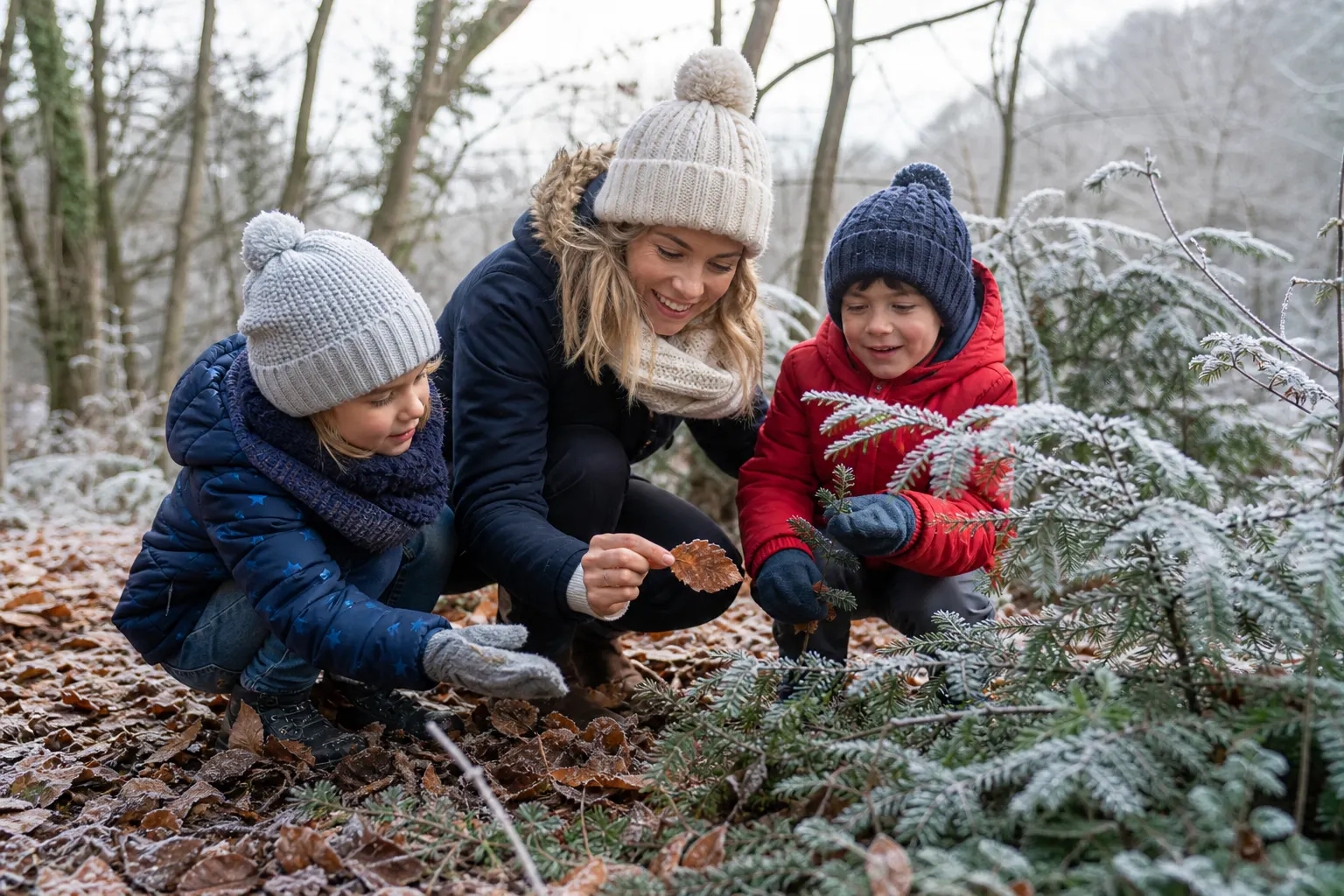 An adult and children examining frosty evergreen branches during a winter walk